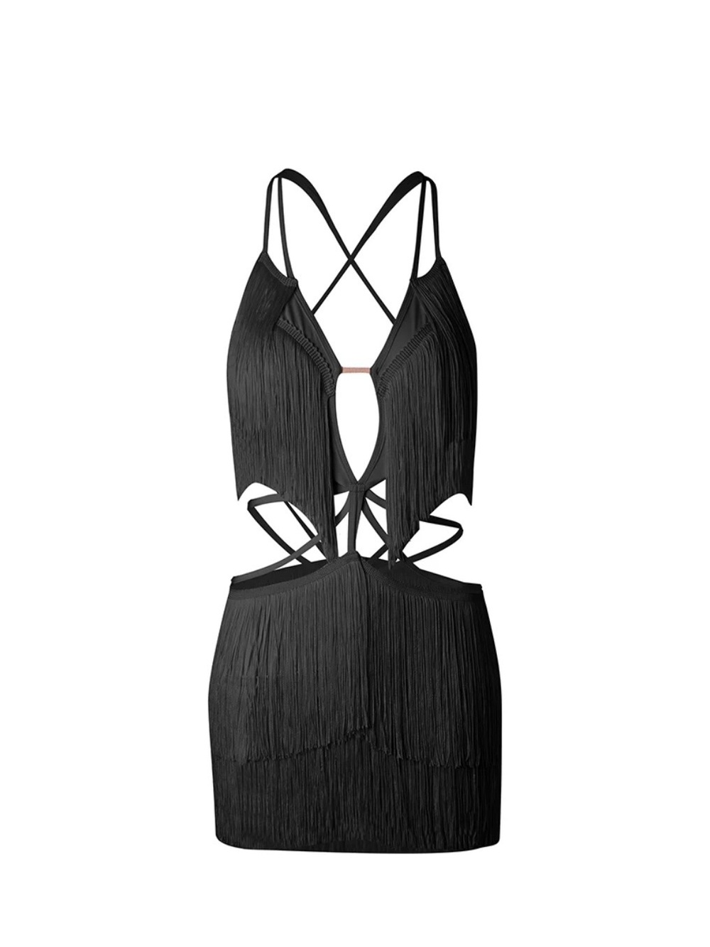 Backless Black Fringe Cutout Mini Dance Dress